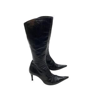 90s Bruno Teodori Black Leather Pointed Toe Tall Heeled Boots